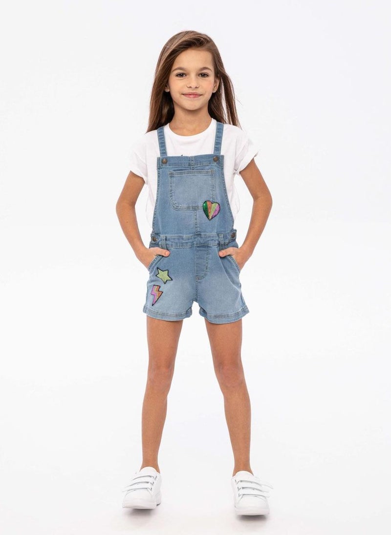 MINOTI Kids Girls Denim Dungaree Shorts with Fun Sequin Print - Image 1