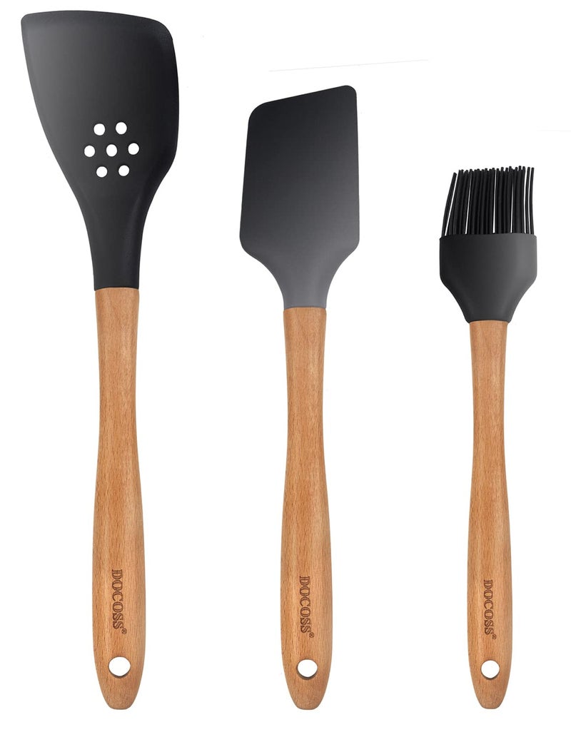 DOCOSS- Pack of 3-Silicone Spatula Set with Wooden Handle/Spatula for Kitchen with Silicon Turner Spatula Heat Resistant/Wooden Spatula Set for Baking - Image 1
