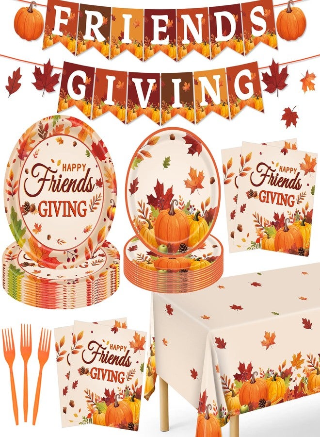 REDWORD Friendsgiving Plates, 98Pcs Friendsgiving Paper Plates-Serve 24 with Friends Giving Banner Fall Pumpkin Tablecloth Napkins for Fall Thanksgiving Friends giving Party Decorations - Image 1
