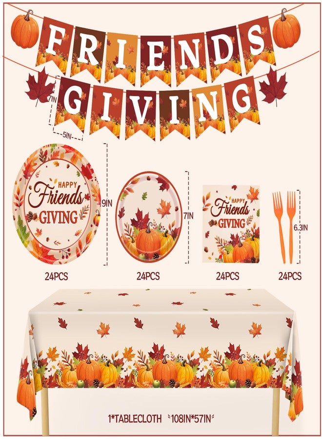 REDWORD Friendsgiving Plates, 98Pcs Friendsgiving Paper Plates-Serve 24 with Friends Giving Banner Fall Pumpkin Tablecloth Napkins for Fall Thanksgiving Friends giving Party Decorations - Image 2
