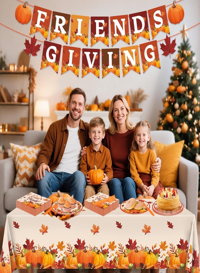 REDWORD Friendsgiving Plates, 98Pcs Friendsgiving Paper Plates-Serve 24 with Friends Giving Banner Fall Pumpkin Tablecloth Napkins for Fall Thanksgiving Friends giving Party Decorations - Image 4