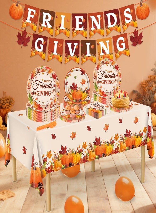 REDWORD Friendsgiving Plates, 98Pcs Friendsgiving Paper Plates-Serve 24 with Friends Giving Banner Fall Pumpkin Tablecloth Napkins for Fall Thanksgiving Friends giving Party Decorations - Image 5