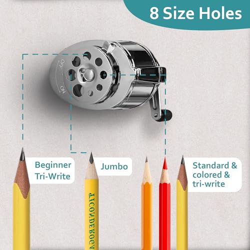 EXTRIC Pencil Sharpener Manual, Desktop Manual Pencil Sharpeners - Desktop and Wall Mount Pencil Sharpeners Heavy Duty, Silver 8 Sizes Holes, Metal Hand Crank Pencils Sharpener for Classroom - Image 2