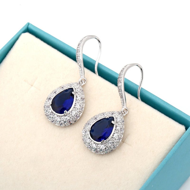 AMYJANE Sapphire Earrings for Women - Silver Bridal Teardrop Blue Crystal Cubic Zirconia Drop Earring for Wedding Party Prom Fashion Jewelry for Bride Bridesmaids September Birthstone Birthday Jewelry - Image 4