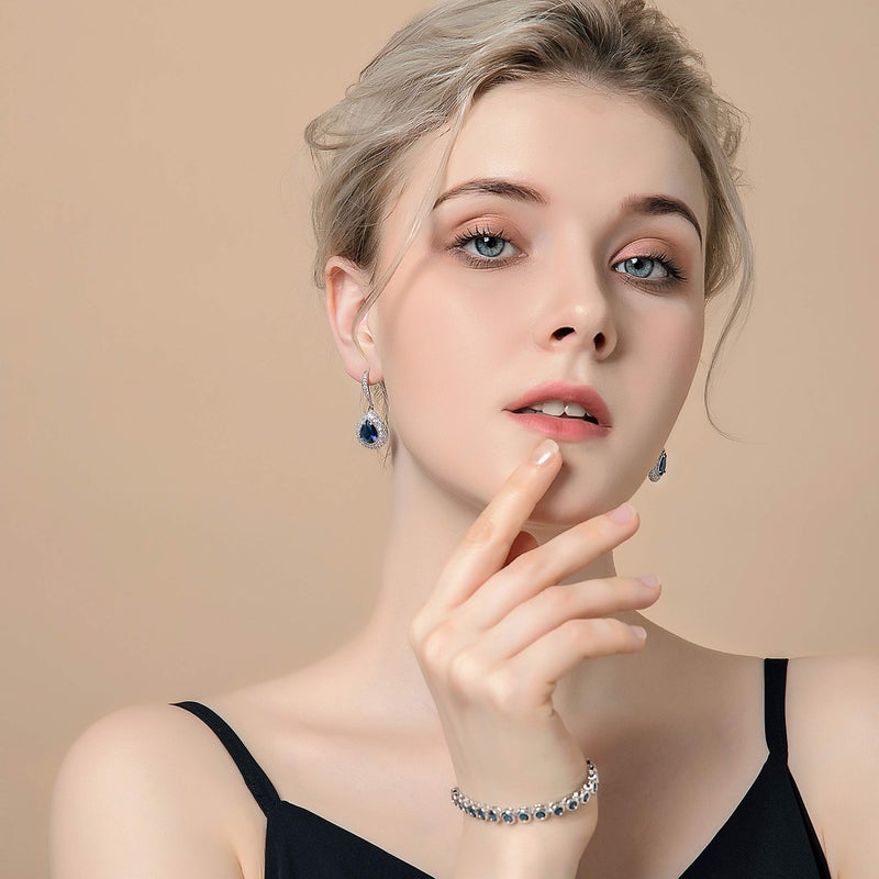 AMYJANE Sapphire Earrings for Women - Silver Bridal Teardrop Blue Crystal Cubic Zirconia Drop Earring for Wedding Party Prom Fashion Jewelry for Bride Bridesmaids September Birthstone Birthday Jewelry - Image 2