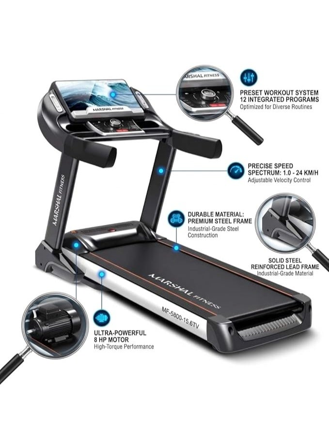 Marshal Fitness 8.0HP Auto Incline Electric Treadmill for Home Use – Foldable Running Machine with Bluetooth Speaker, LED Display, 24 km/h Speed, Heavy-Duty Home Gym Fitness Equipment - Image 5
