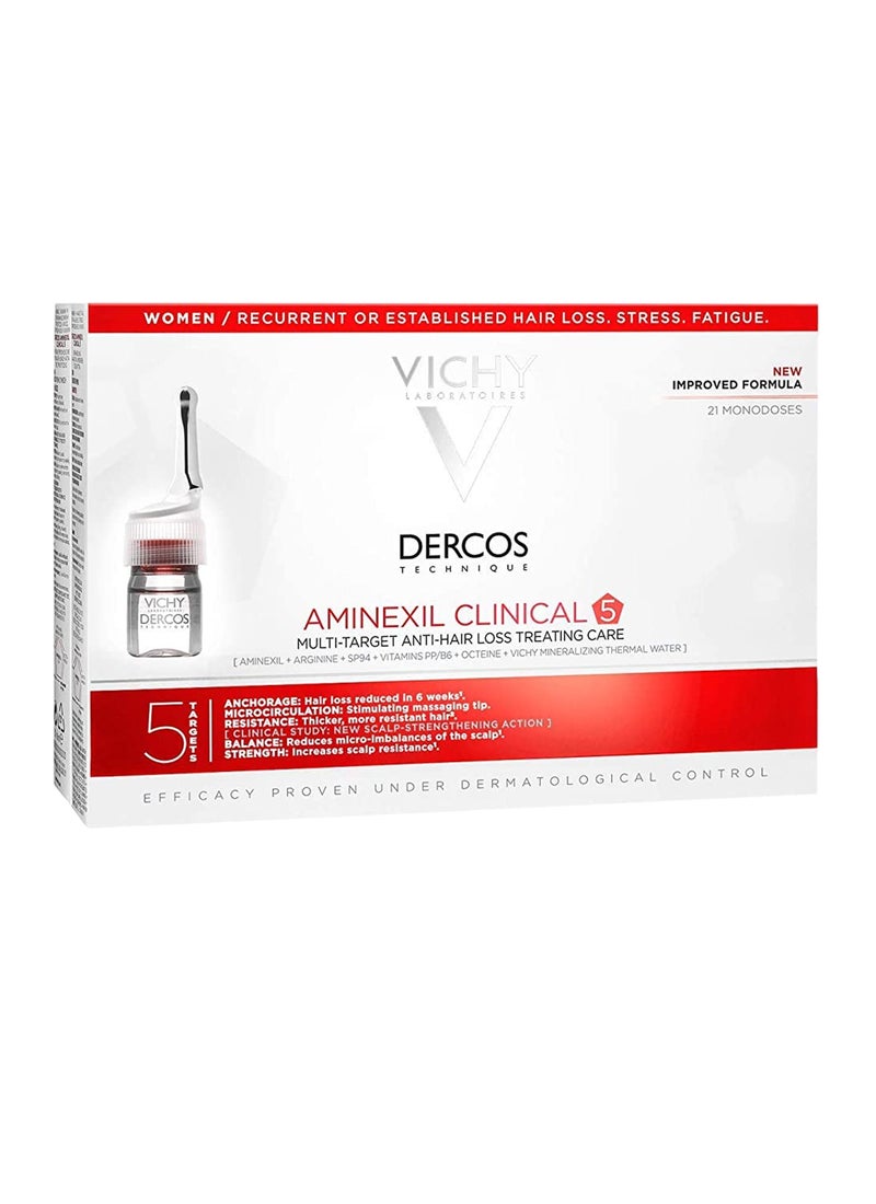 VICHY Dercos Aminexil Clinical 5 Anti-Hair Fall Treatment For Women 21 Doses 6ml - Image 1