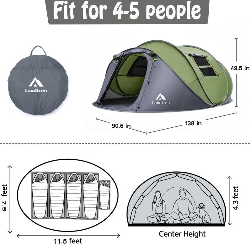 Londtren 4-5 Person Easy Pop Up Tent Waterproof Automatic Setup 2 Doors-Instant Family Tents for Camping Hiking & Traveling - Image 2