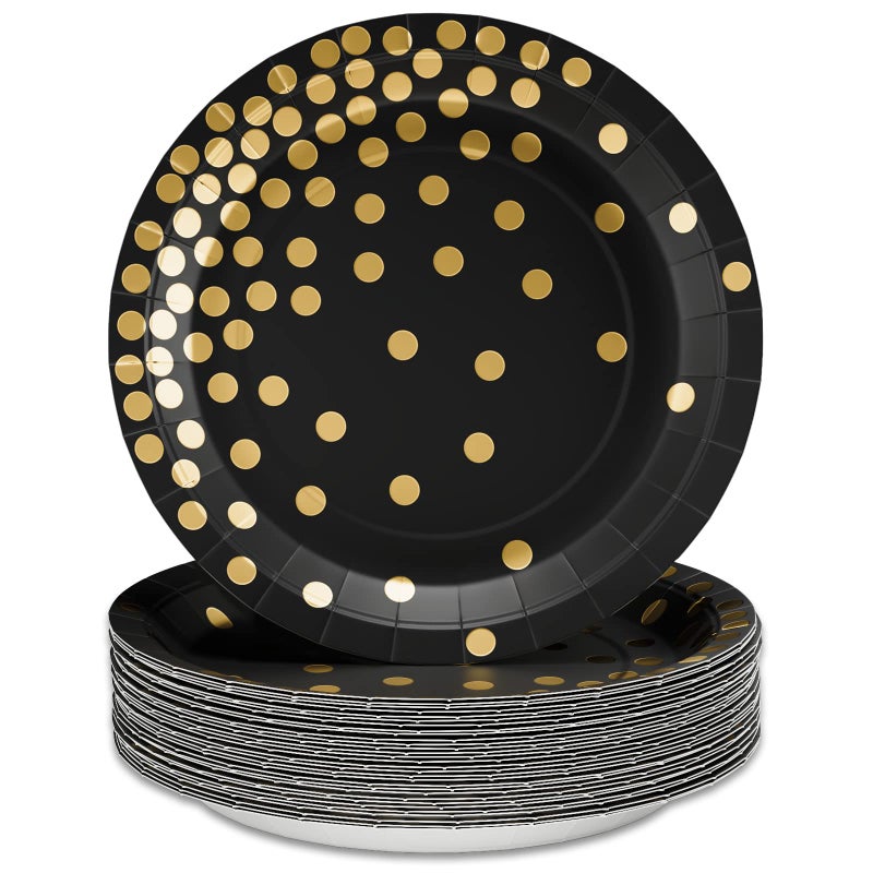 DYLIVeS Paper Plate 80 Pack Black and Gold Polka Dots 7 inch Disposable Plates Round Casual All Seasons for Parties and Celebrations