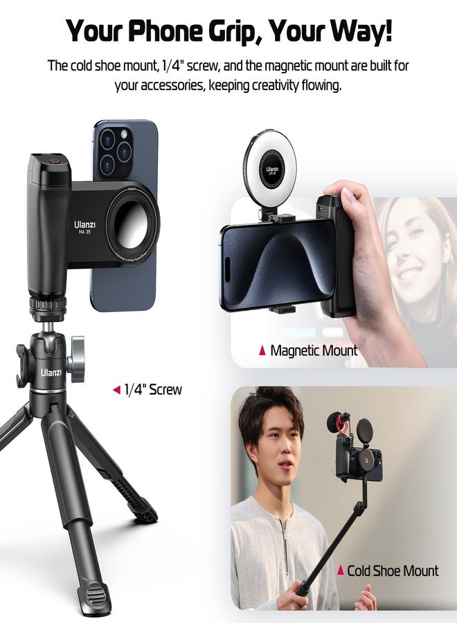 ULANZI Selfie Phone Tripod Mount MA35, 2-in-1 Magnetic & Phone Clip Camera Grip Handle Holder with Detachable Remote Shutter with Cold Shoe Adapter for iPhone 15 16 17 Samsung Video Shooting - Image 5