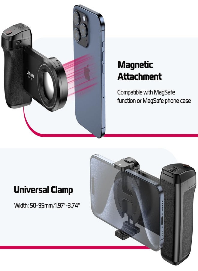 ULANZI Selfie Phone Tripod Mount MA35, 2-in-1 Magnetic & Phone Clip Camera Grip Handle Holder with Detachable Remote Shutter with Cold Shoe Adapter for iPhone 15 16 17 Samsung Video Shooting - Image 2
