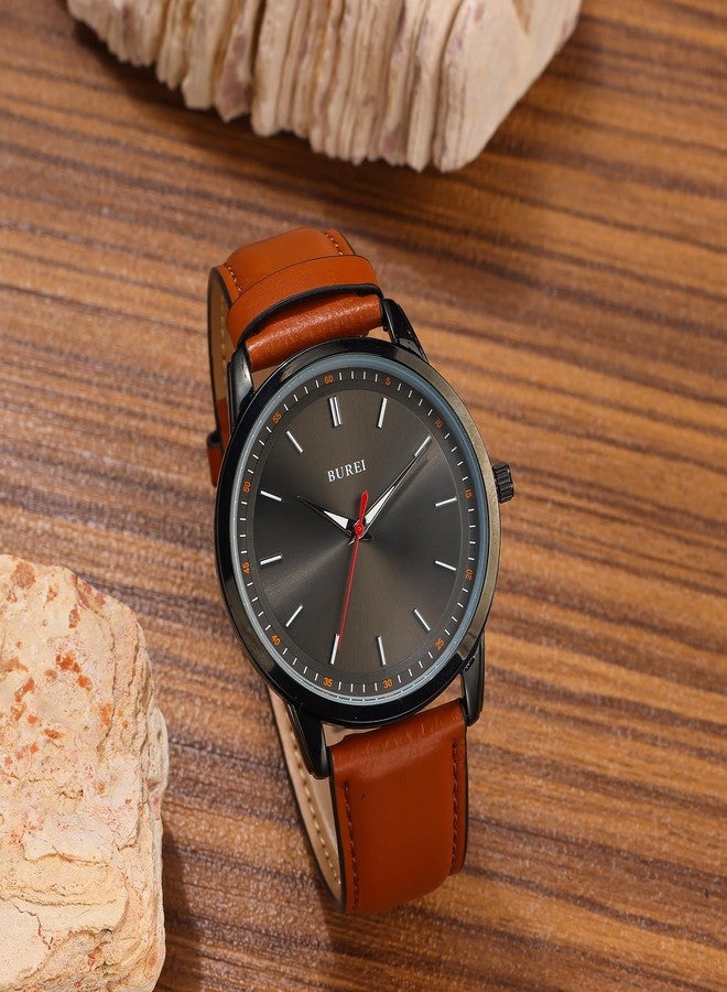 BUREI Fashion Men's Watches Minimalist Wrist Watches for Men Brown Leather Analog Wrist Watch with Slim Case Relojes para Hombres Red Black Brown Fashion Classic - Image 3