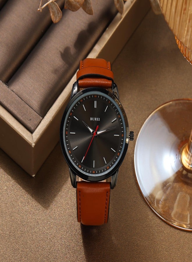 BUREI Fashion Men's Watches Minimalist Wrist Watches for Men Brown Leather Analog Wrist Watch with Slim Case Relojes para Hombres Red Black Brown Fashion Classic - Image 2