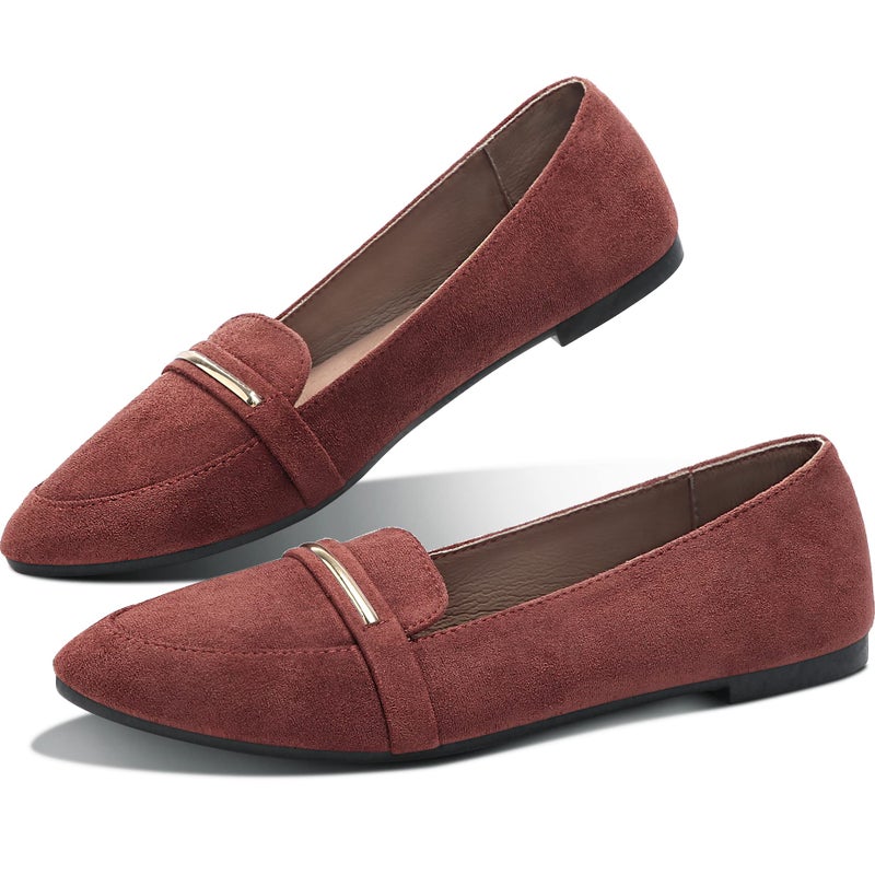 Obtaom Women's Pointy Toe Loafer Flat Comfortable Faux Suede Work Shoes,Cute Penny Loafer Slip On Ballet Flat(Jujube US10) - Image 1