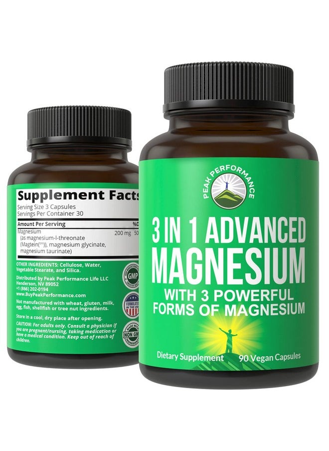 Peak Performance 3 In 1 Advanced Magnesium Complex Vegan Capsules With Magnesium Lthreonate Magnesium Glycinate Magnesium Taurinate. High Absorption And Bioavailability. 3 Top Magnesiums In One Supplement 90 Pills  - Image 1
