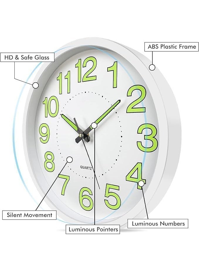 10 Inch Silent Non-Ticking Wall Clock Glow in the Dark Luminous Analog Clock Battery Operated Easy Read Night Light Clock for Bedroom Living Room Office Decor White - Image 2
