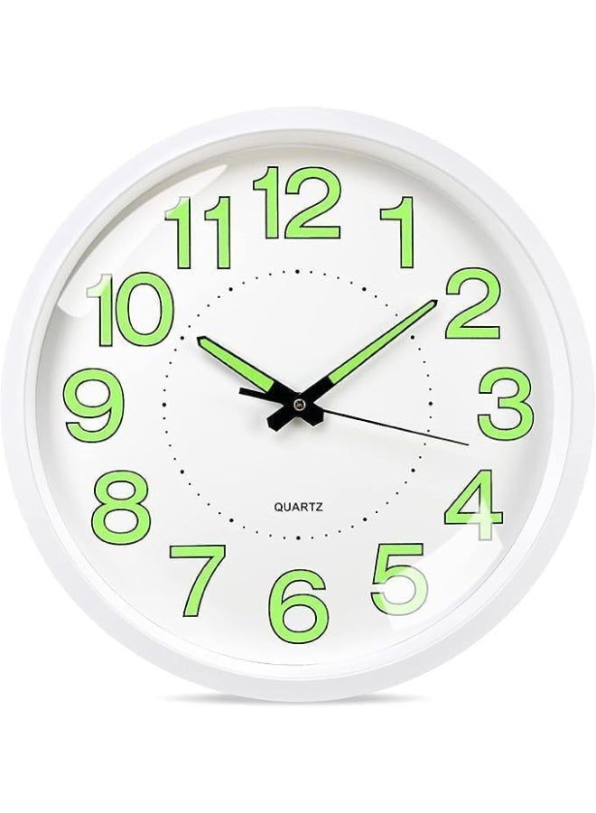 10 Inch Silent Non-Ticking Wall Clock Glow in the Dark Luminous Analog Clock Battery Operated Easy Read Night Light Clock for Bedroom Living Room Office Decor White - Image 1