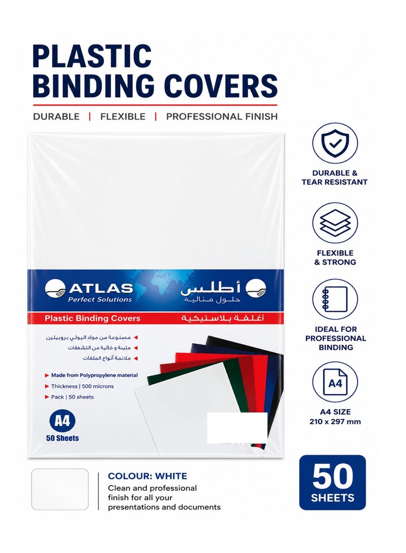 ATLAS 50-Piece A4 Size Plastic Binding Covers White - Image 1