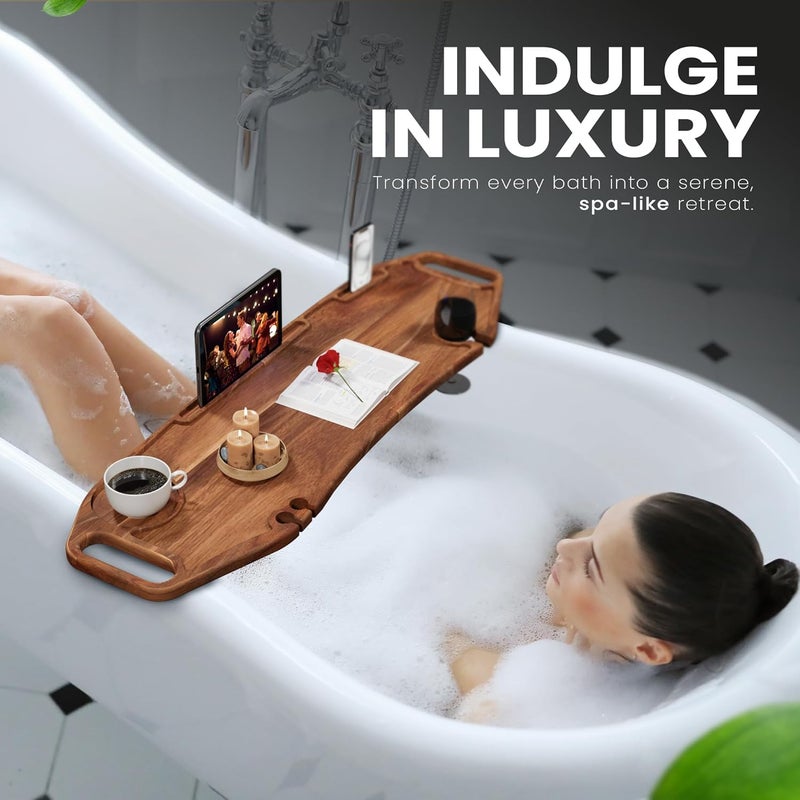 LUSH & STYLE صينية حوض استحمام كبيرة فاخرة 35x10 بوصة، خشب الأكاسيا الفاخر، مقاومة للماء، غير سامة، أرجل قابلة للتعديل، لا تتطلب أدوات، صينية كادي، ملحقات استحمام فاخرة، أساسيات منزلية جديدة - Image 5