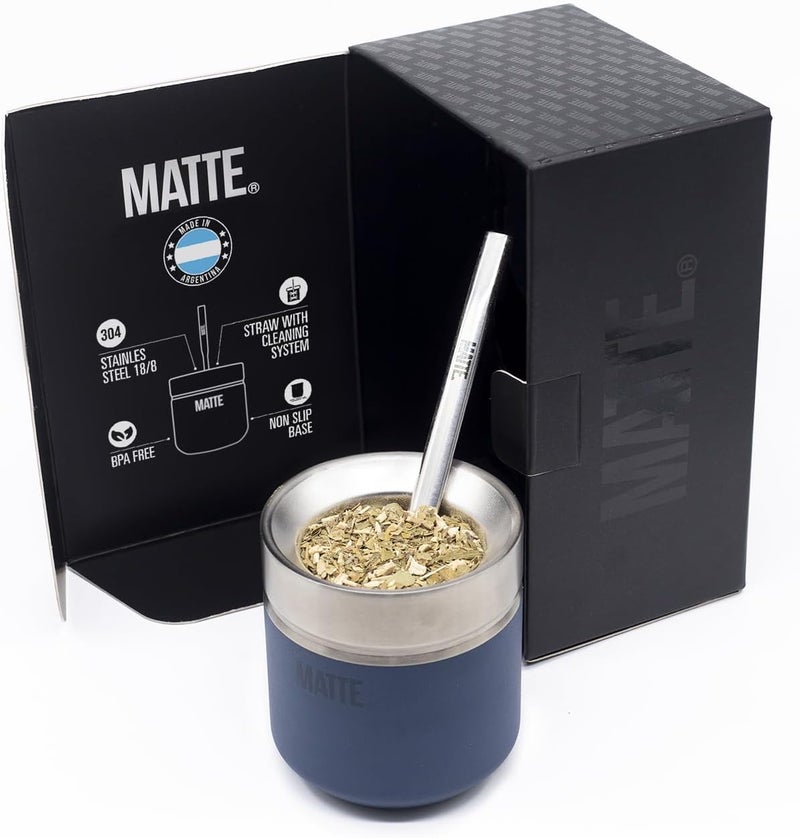 Matte 6.5 oz Yerba Mate Gourd and Bombilla Set - Includes DS Pro Box - BPA Free Yerba Mate Set Kit with Mate Straw, Elegant Design, Non-Slip Base (Blue) - Image 1