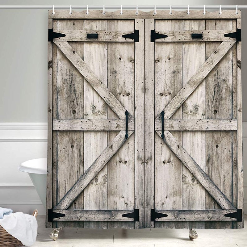 NYMB Rustic Wooden Vintage Shower Curtain Farmhouse Country Barn Door Design With 12 Hooks Waterproof for Garage Cabin 69X84