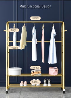 Merry Moments Modern Clothes Rack Garment Rack Clothing Rack Clothes Hangers Freestanding for Home Hotel Retail Metal Multi-shelf with Wheel Gold Colour H168xL120xW34 cm  - Image 2