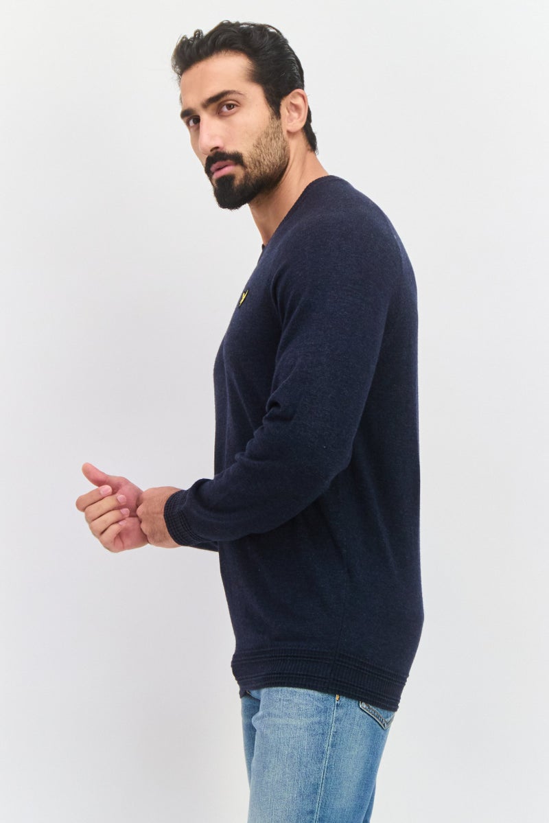 Lyle & Scott Men Pointed Collar Embroidered Logo Sweater, Navy - Image 3