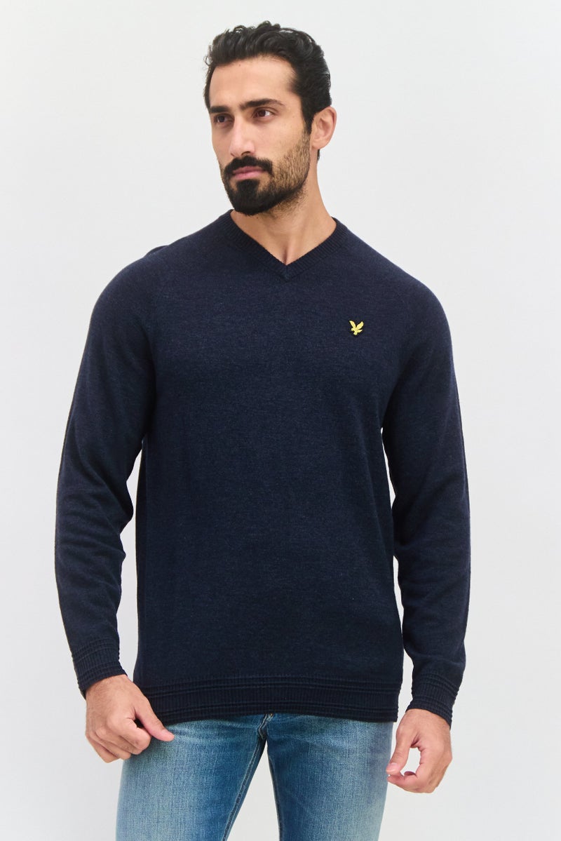 Lyle & Scott Men Pointed Collar Embroidered Logo Sweater, Navy - Image 1