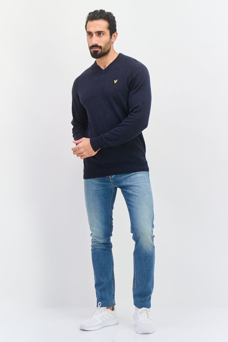 Lyle & Scott Men Pointed Collar Embroidered Logo Sweater, Navy - Image 2
