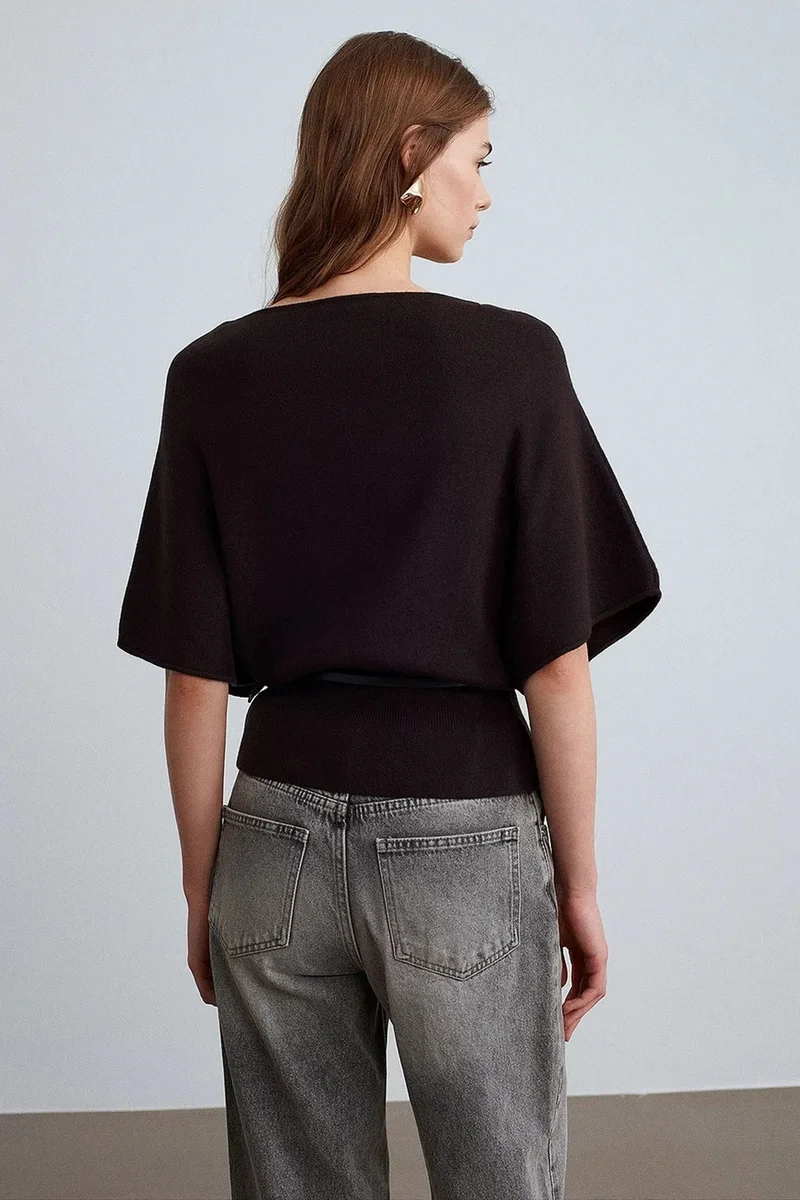Dilvin Black DILVIN Belted Boat Neck Knit Sweater for Women | Best Price UAE