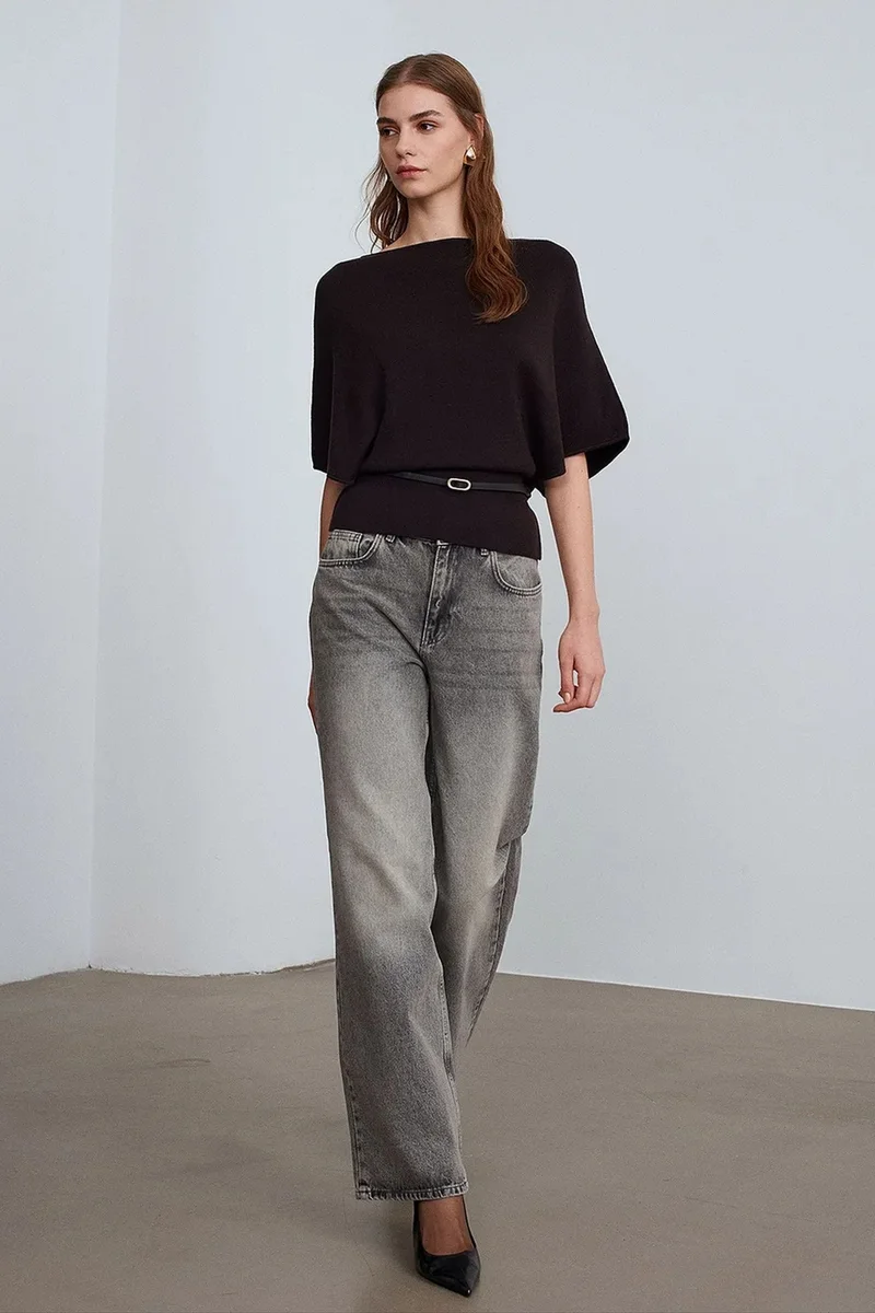 Dilvin Black DILVIN Belted Boat Neck Knit Sweater for Women | Best Price UAE
