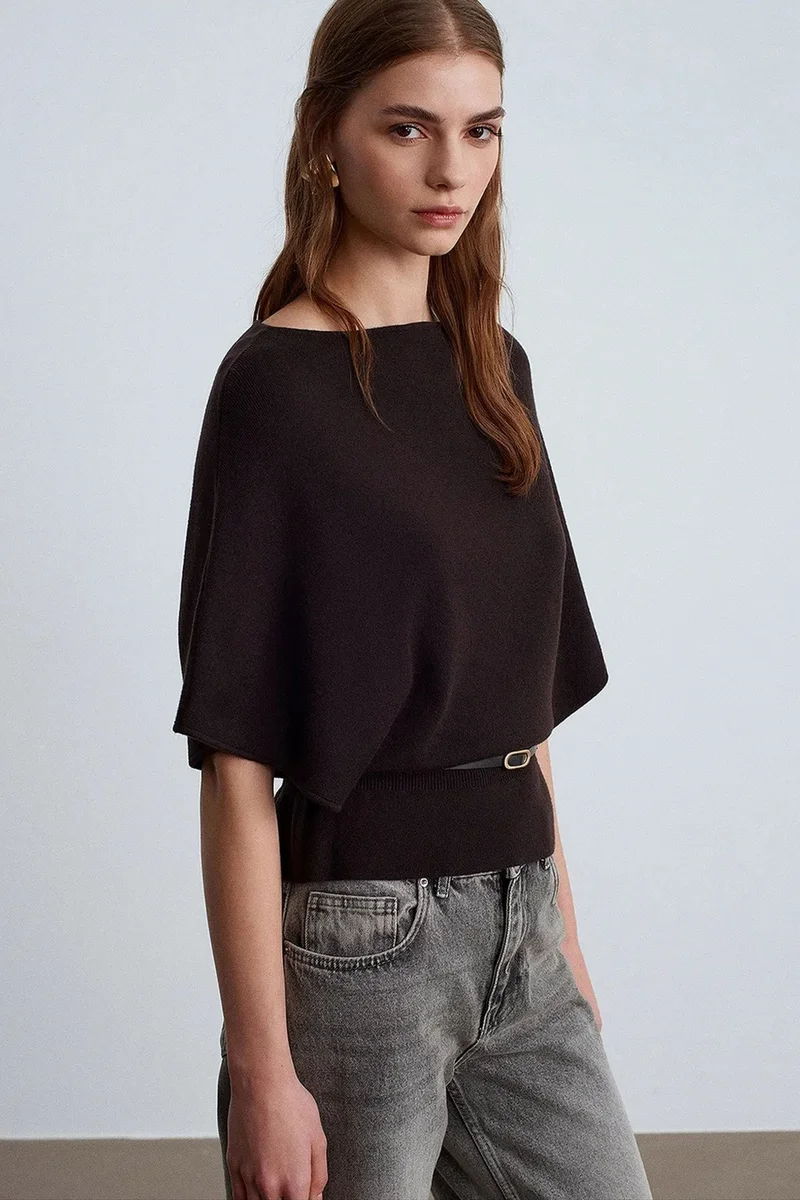 Dilvin Black DILVIN Belted Boat Neck Knit Sweater for Women | Best Price UAE