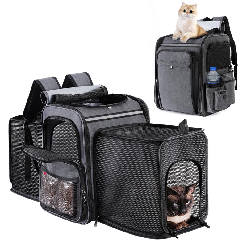 GROXKOX Cat Backpack Carrier,Double Side Expandable Cat Carrier Backpack,Dog Carrier Backpack for Medium Cats and Small Dogs,Puppies Up to 20 Lbs,Pets Carrier Backpack with Breathable Mesh(Grey) - Image 1