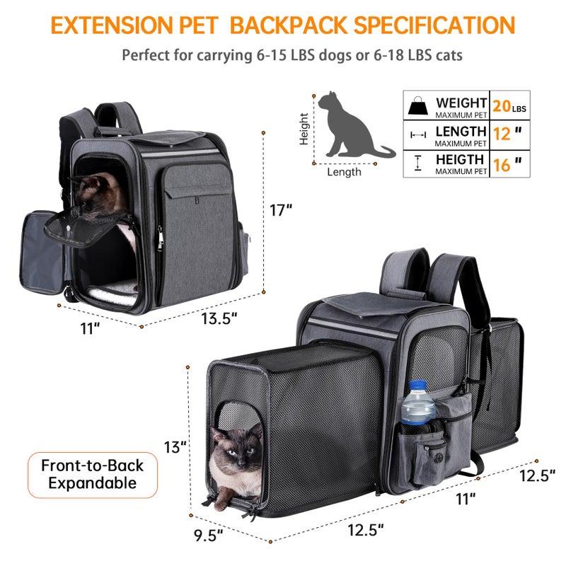 GROXKOX Cat Backpack Carrier,Double Side Expandable Cat Carrier Backpack,Dog Carrier Backpack for Medium Cats and Small Dogs,Puppies Up to 20 Lbs,Pets Carrier Backpack with Breathable Mesh(Grey) - Image 2