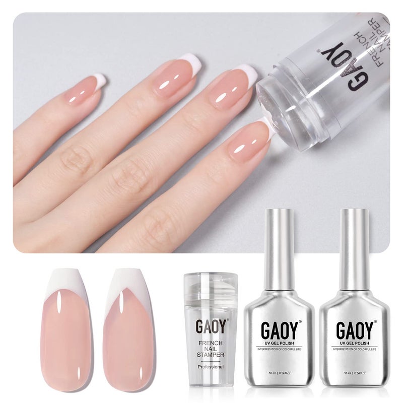 GAOY French Manicure Kit, Nail Stamper and 2Pcs Gel Nail Polish, Include Nude Jelly Pink White Colors for French Tip, UV Light Cure - Image 1