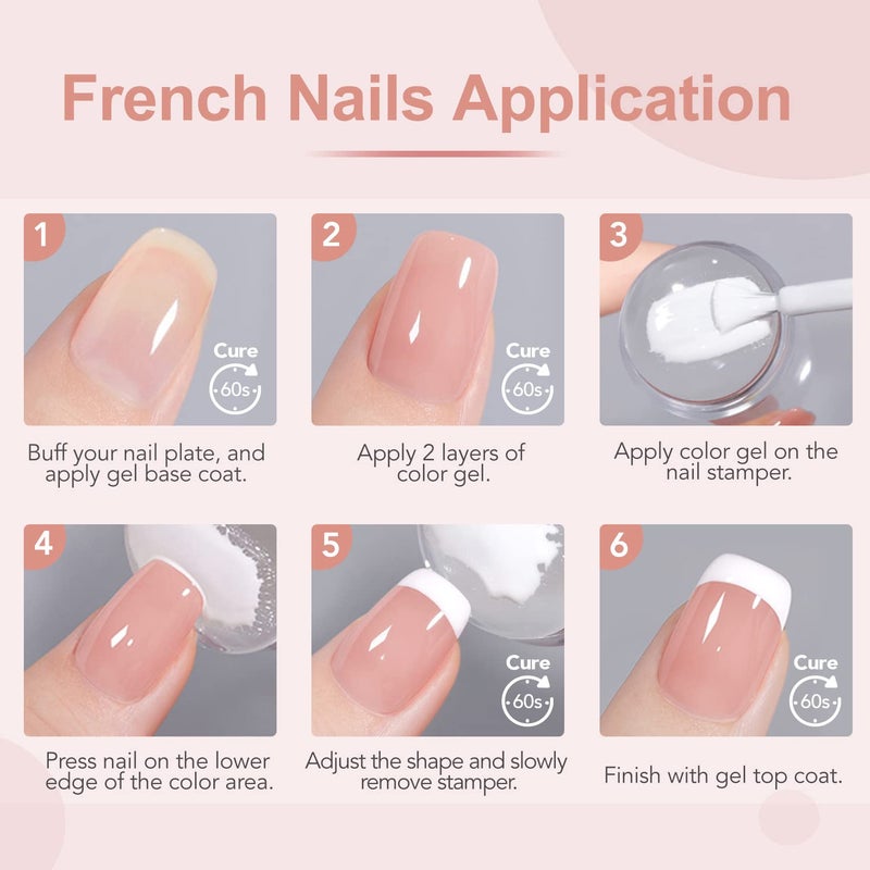 GAOY French Manicure Kit, Nail Stamper and 2Pcs Gel Nail Polish, Include Nude Jelly Pink White Colors for French Tip, UV Light Cure - Image 3