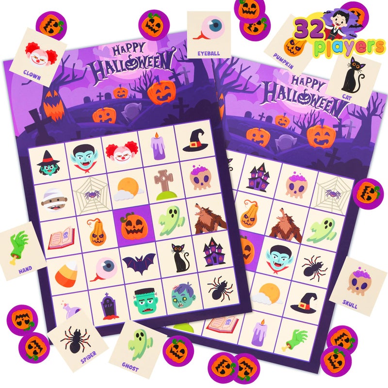 JOYIN 32 Players Halloween Bingo Card Game Kids Bingo Cards Set for Halloween Party Games Large Group Family Activities School Classroom Party Supplies - Image 2