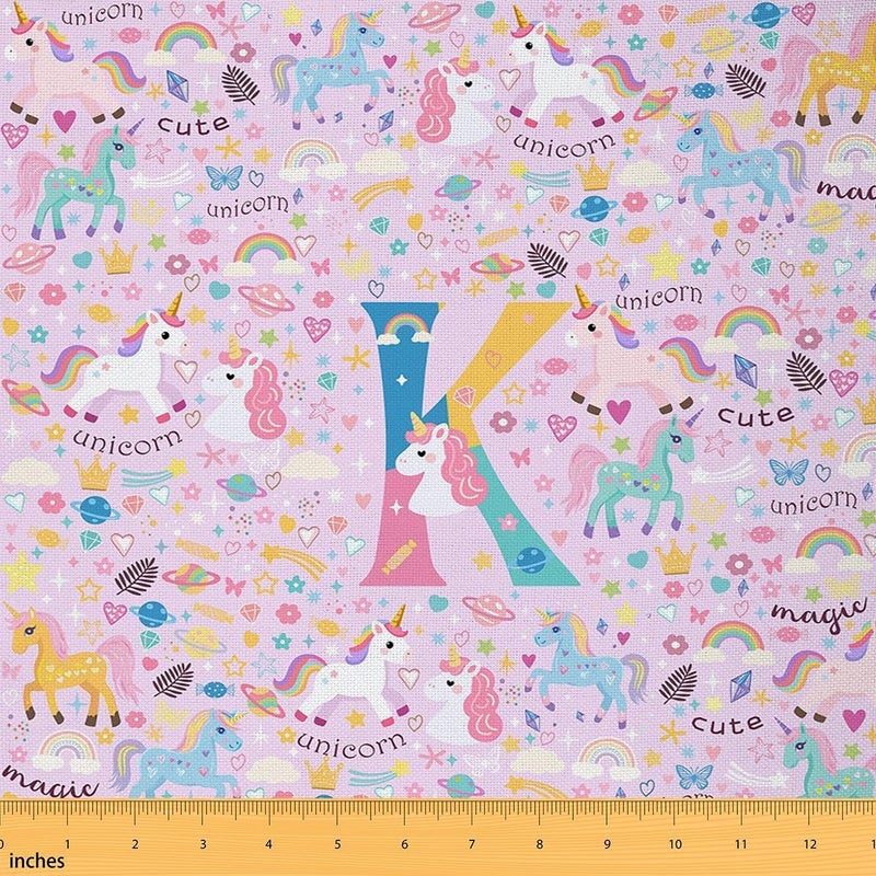 Erosebridal Unicorn Initial K Upholstery Fabric 10 Yards, Purple Rainbow Unicorn Fabric By The Yard for Sewing Clothes, Cute Alphabet Flowers Waterproof Fabrics, Girly Butterfly Couch Chairs Decor - Image 1