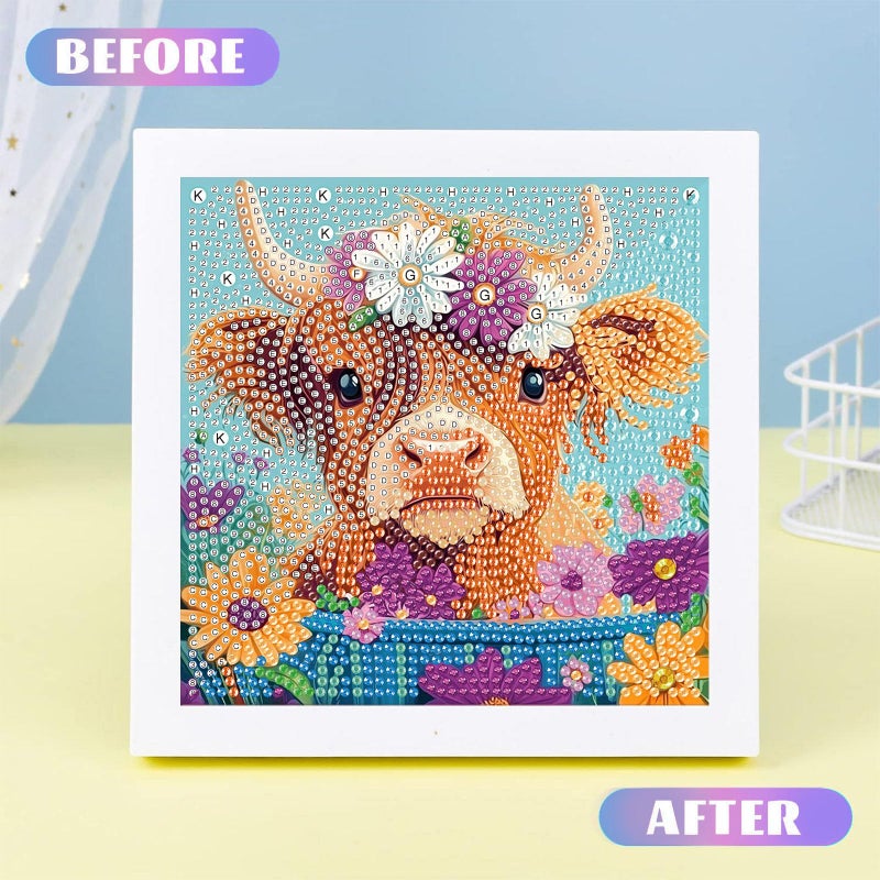 xackcme Highland Cow Diamond Art Painting Kits For Kids With Frame Cow Diamond Art For Kids Ages 4-8-12 Easy Kids Animal Gem Art Kit With Beautiful Package For Gift Home Wall Decor(7X7Inch) - Image 3