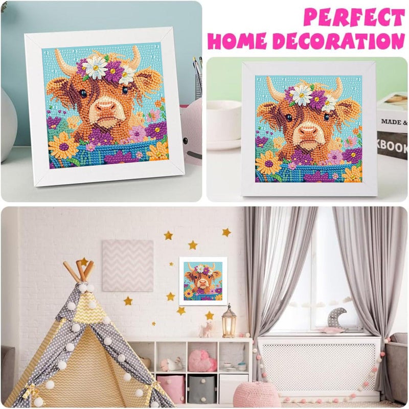 xackcme Highland Cow Diamond Art Painting Kits For Kids With Frame Cow Diamond Art For Kids Ages 4-8-12 Easy Kids Animal Gem Art Kit With Beautiful Package For Gift Home Wall Decor(7X7Inch) - Image 5