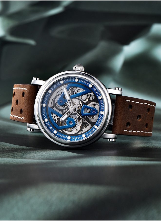 BENYAR - Luxury Automatic Men's Watches 50M Waterproof Skeleton Wrist Watch with Stainless Steel Case Leather Watchband,Blue - Image 1