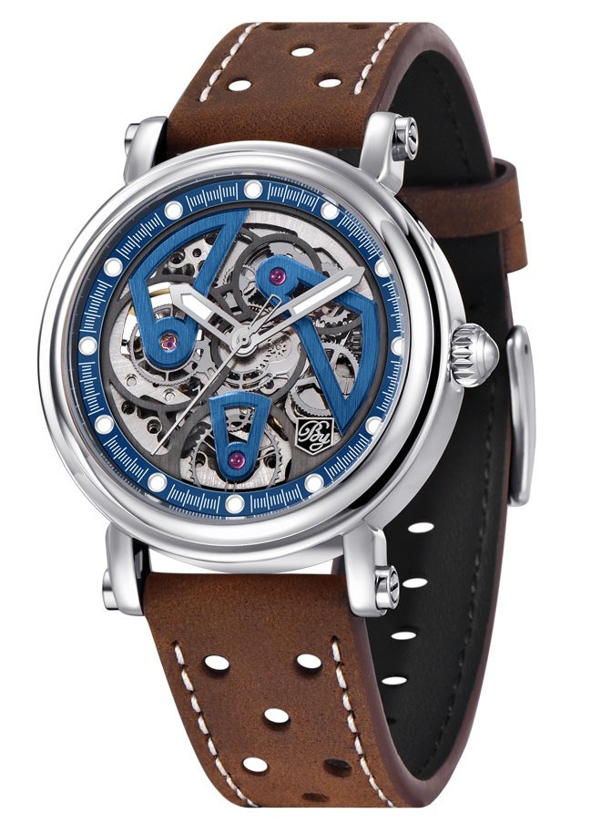 BENYAR - Luxury Automatic Men's Watches 50M Waterproof Skeleton Wrist Watch with Stainless Steel Case Leather Watchband,Blue - Image 1