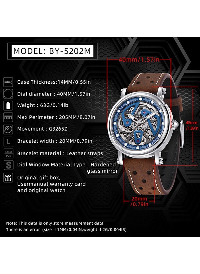 BENYAR - Luxury Automatic Men's Watches 50M Waterproof Skeleton Wrist Watch with Stainless Steel Case Leather Watchband,Blue - Image 1