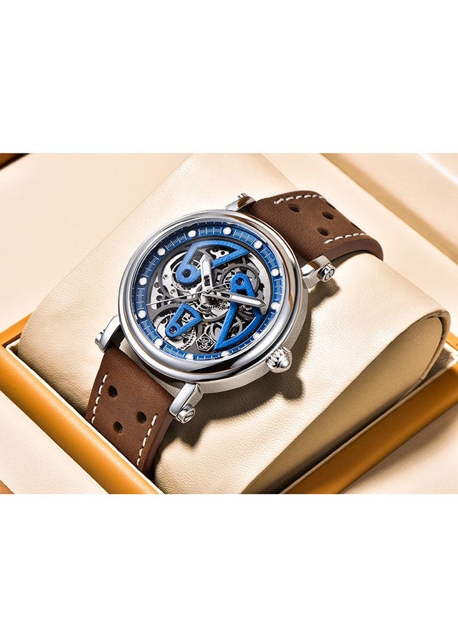 BENYAR - Luxury Automatic Men's Watches 50M Waterproof Skeleton Wrist Watch with Stainless Steel Case Leather Watchband,Blue - Image 1