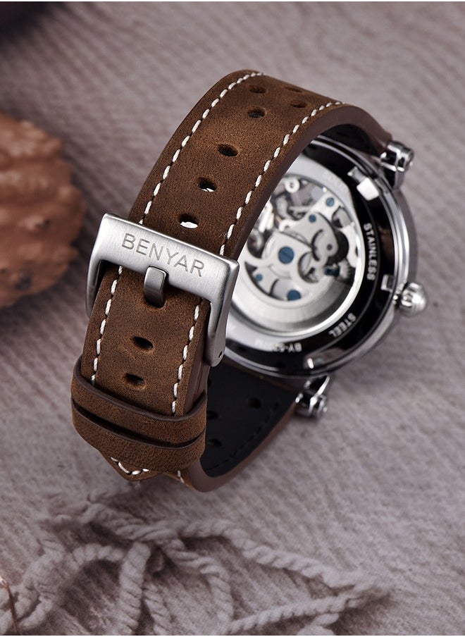 BENYAR - Luxury Automatic Men's Watches 50M Waterproof Skeleton Wrist Watch with Stainless Steel Case Leather Watchband,Blue - Image 1