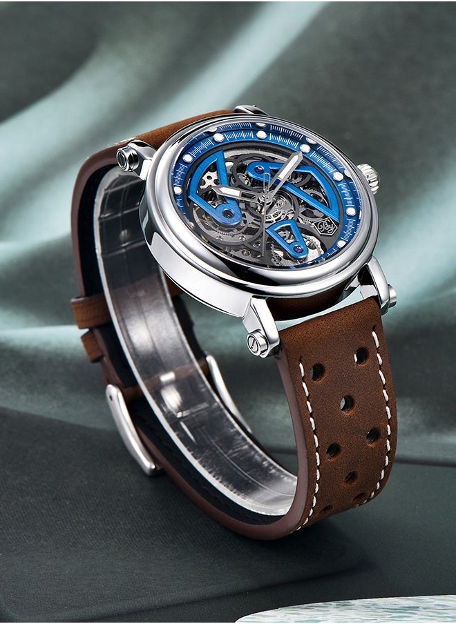 BENYAR - Luxury Automatic Men's Watches 50M Waterproof Skeleton Wrist Watch with Stainless Steel Case Leather Watchband,Blue - Image 1
