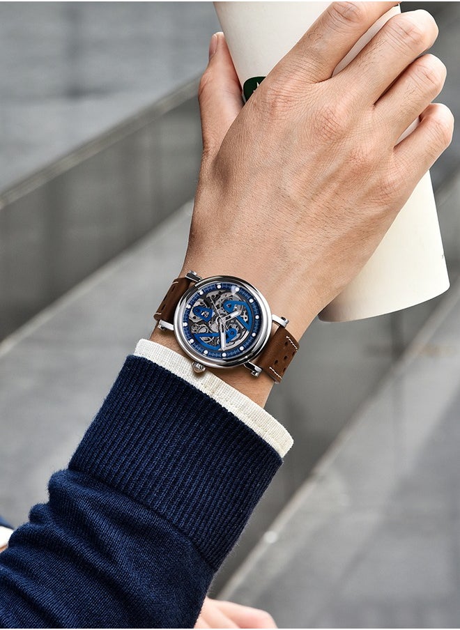 BENYAR - Luxury Automatic Men's Watches 50M Waterproof Skeleton Wrist Watch with Stainless Steel Case Leather Watchband,Blue - Image 1