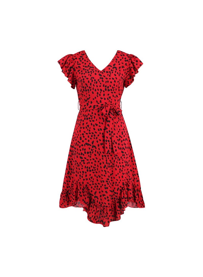 Loquat Slim Fit V-Neck Ruffle Short Sleeve Leopard Print Dress  - Image 1