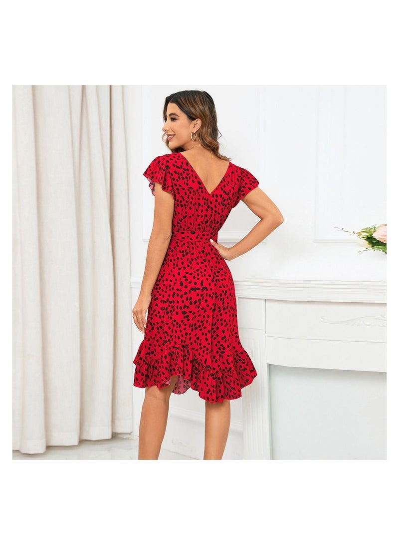 Loquat Slim Fit V-Neck Ruffle Short Sleeve Leopard Print Dress  - Image 2