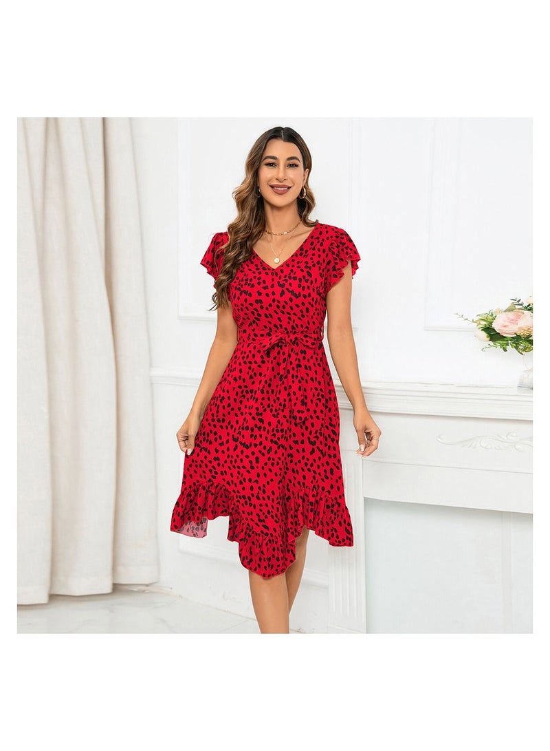 Loquat Slim Fit V-Neck Ruffle Short Sleeve Leopard Print Dress  - Image 3